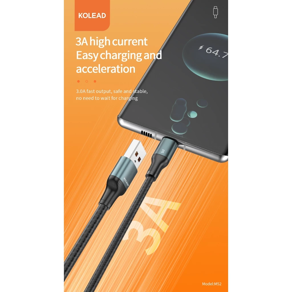 Cáp sạc nhanh KOLEAD M52 hỗ trợ sạc nhanh lên đến 3A, thiết kế bọc dù bền bỉ chống đứt gãy, hỗ trợ truyền dữ liệu nhanh