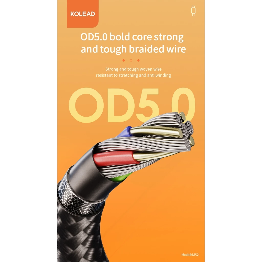 Cáp sạc nhanh KOLEAD M52 hỗ trợ sạc nhanh lên đến 3A, thiết kế bọc dù bền bỉ chống đứt gãy, hỗ trợ truyền dữ liệu nhanh