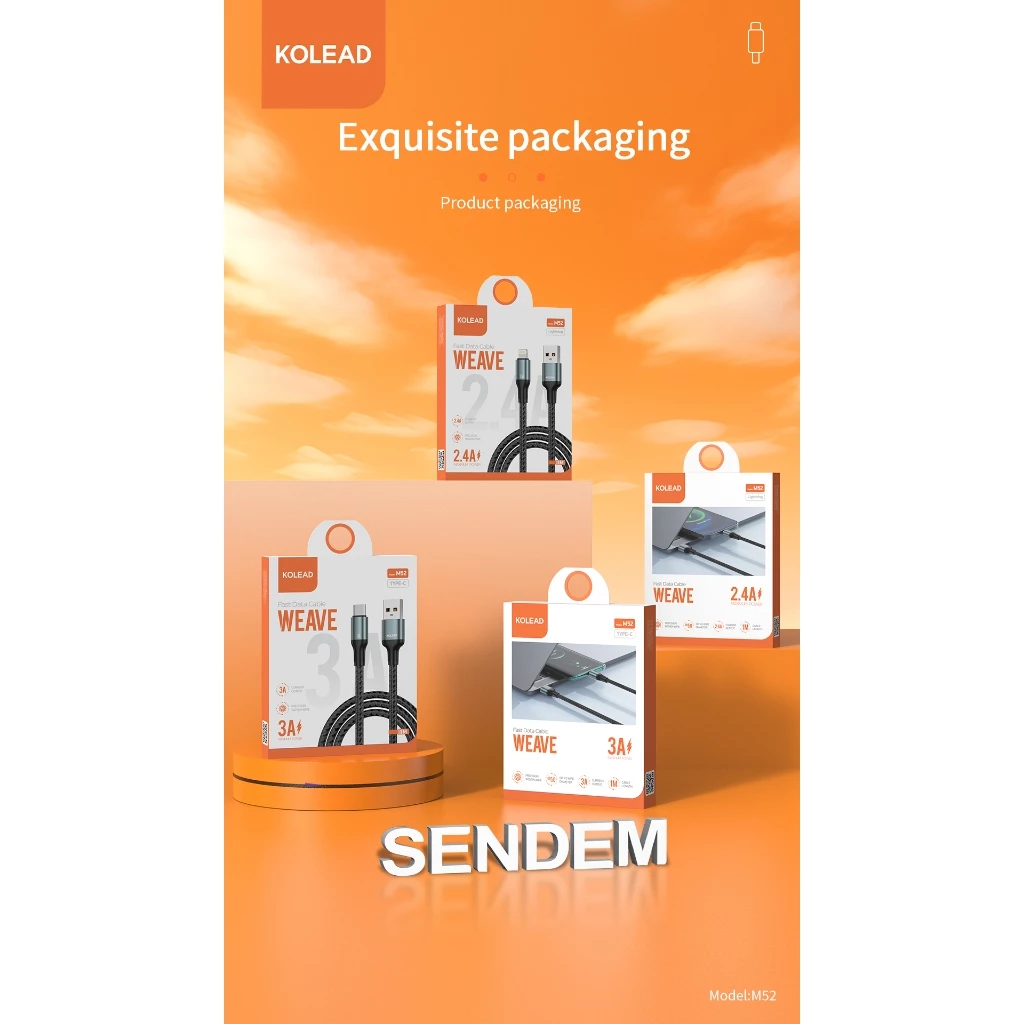 Cáp sạc nhanh KOLEAD M52 hỗ trợ sạc nhanh lên đến 3A, thiết kế bọc dù bền bỉ chống đứt gãy, hỗ trợ truyền dữ liệu nhanh