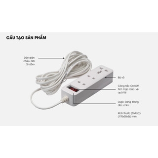 Ổ cắm kéo dài 2m tự động ngắt OC05 Rạng Đông - Tương thích với nhiều phích cắm - Vỏ nhựa ABS an toàn