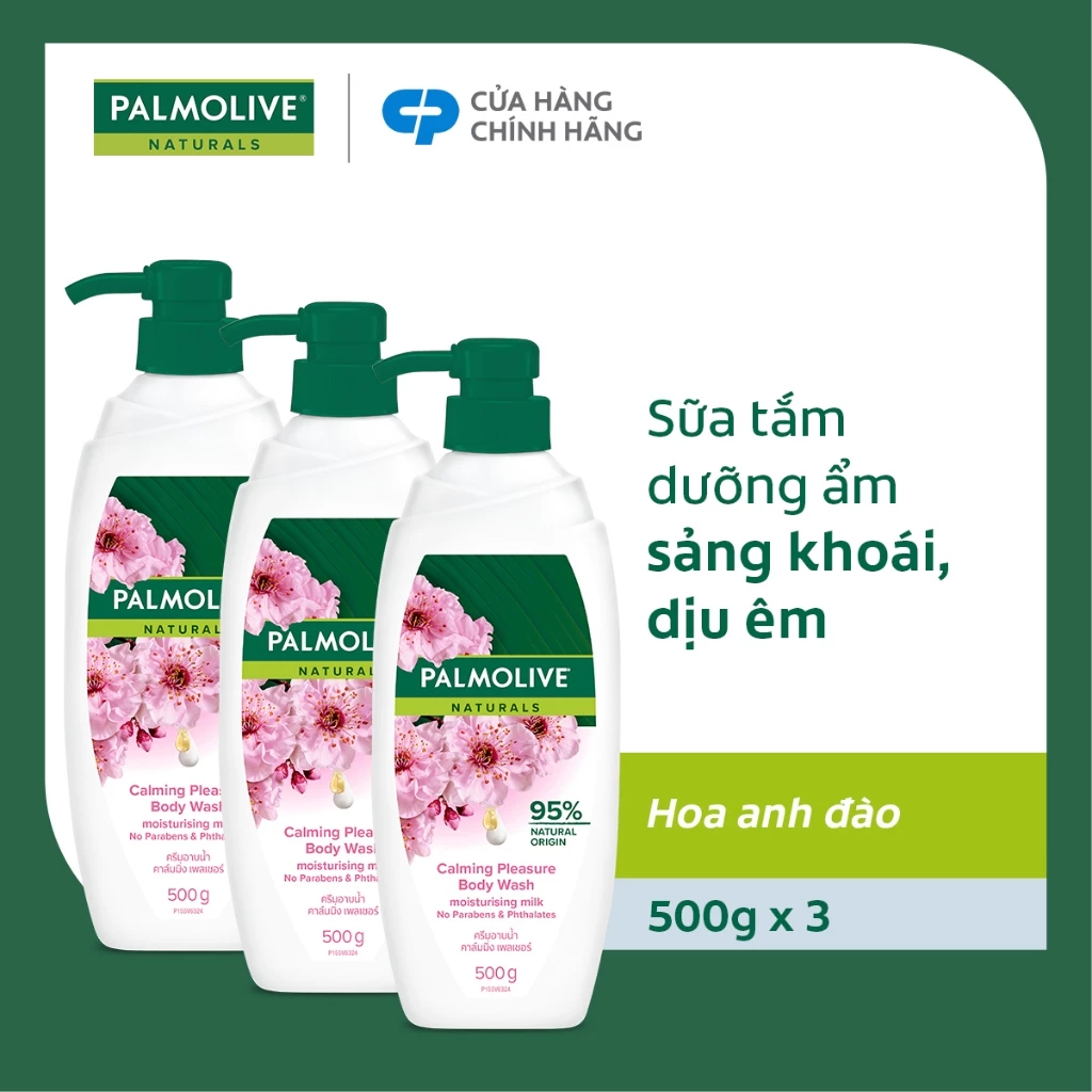 Bộ 3 chai sữa tắm Palmolive sảng khoái dịu êm 95% chiết xuất từ hoa anh đào 500g/chai