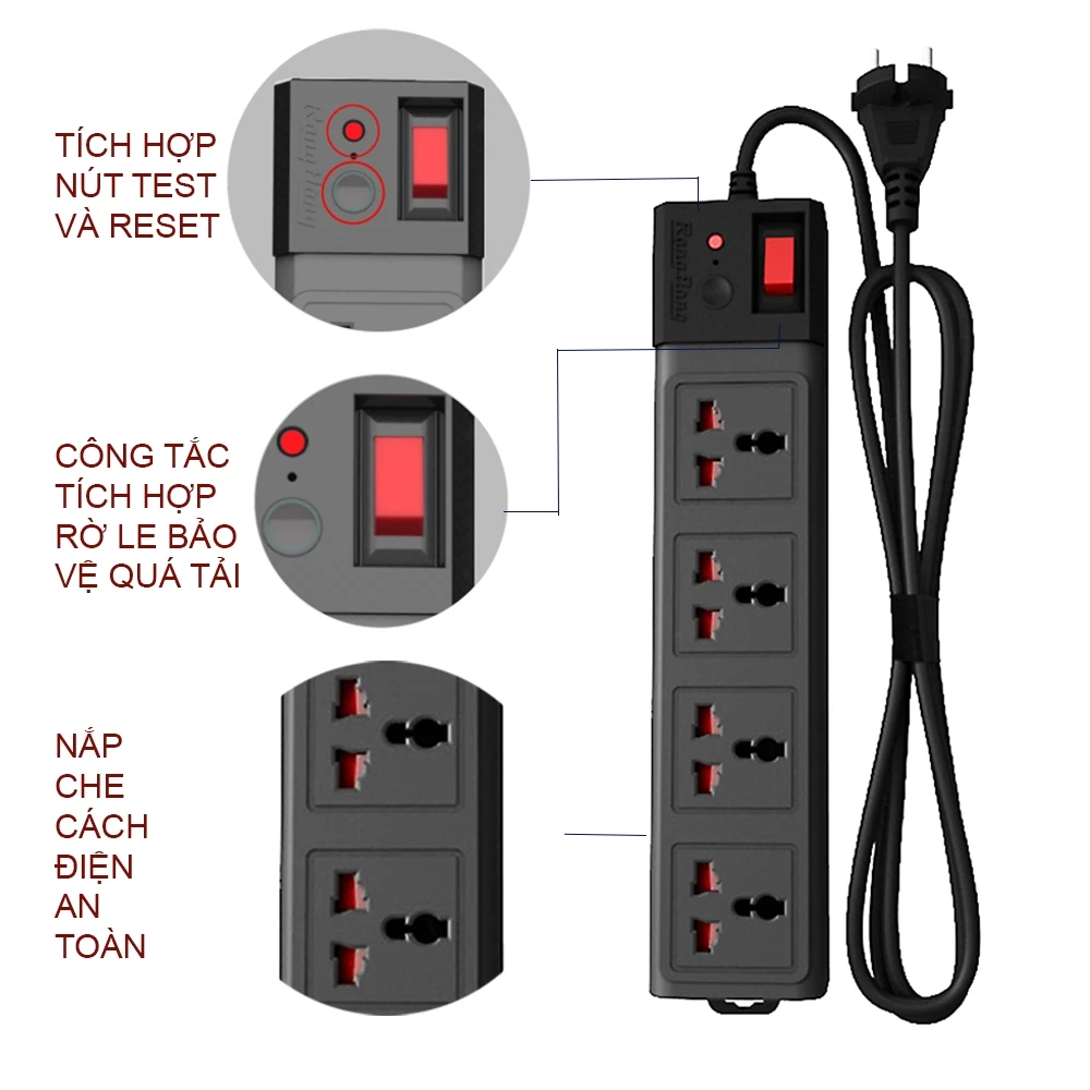 Ổ cắm điện kéo dài Rạng Đông OC02 đa năng, dây 3m/5m, chịu tải tốt, chống giật cao, an toàn, tiết kiệm không gian