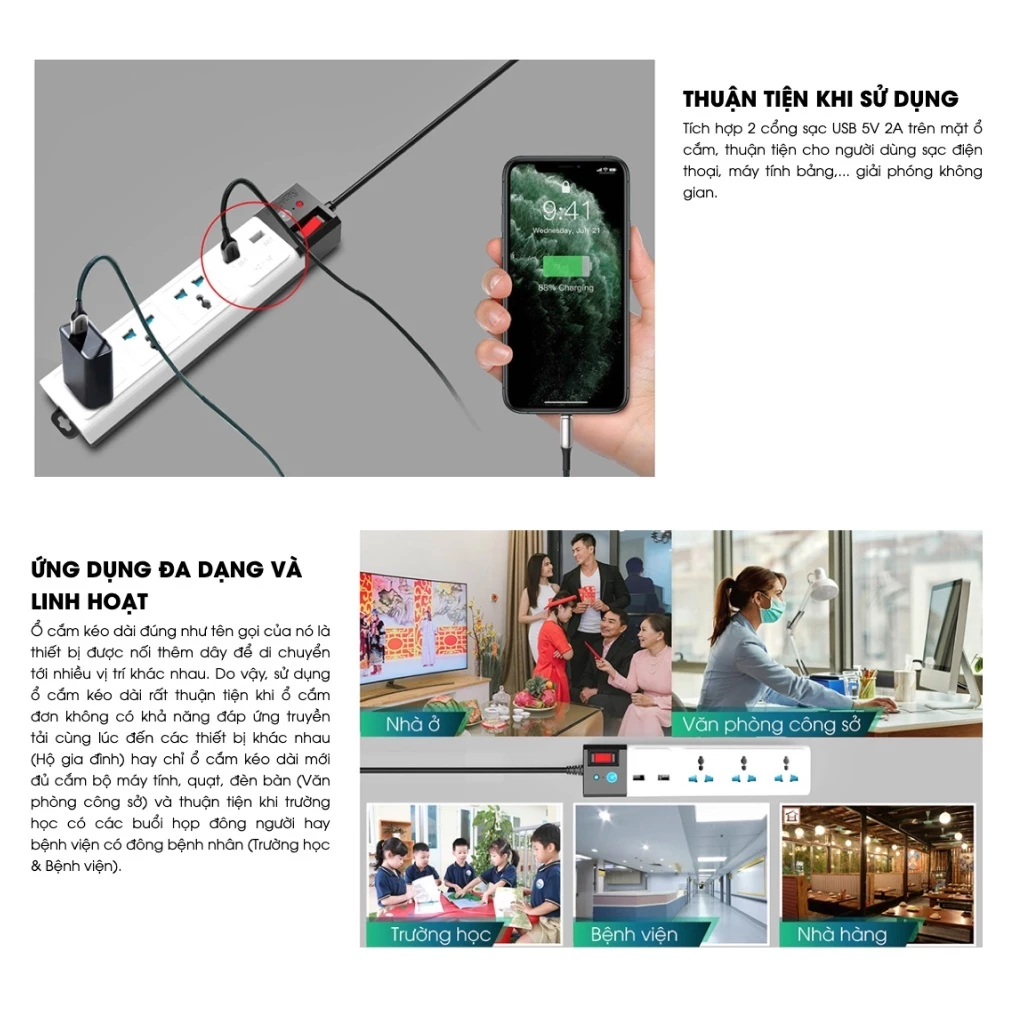 Ổ cắm điện đa năng chống giật Rạng Đông OC04.USB, tích hợp 2 cổng USB tiện lợi, chịu tải cao, an toàn khi sử dùng