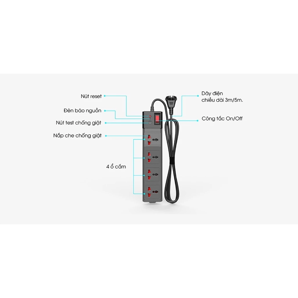 Ổ cắm điện kéo dài Rạng Đông OC02 đa năng, dây 3m/5m, chịu tải tốt, chống giật cao, an toàn, tiết kiệm không gian