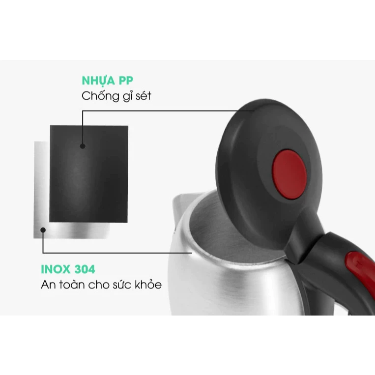 Ấm điện siêu tốc Rạng Đông AST18 ST3, Chất liệu cao cấp inox 304, Kiểm soát nhiệt độ chính xác - Tự động ngắt khi sôi.