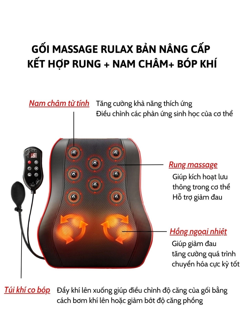 Gối Massage Cổ Vai Gáy Hồng Ngoại RULAX RL19 Plus Bản Nâng Cấp Kết Hợp 2 Động Cơ Rung, Nam Châm Trị Liệu Và Khí Nén
