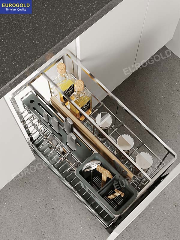 Giá dao thớt nan dẹt inox mờ cao cấp ray giảm chấn Eurogold E20