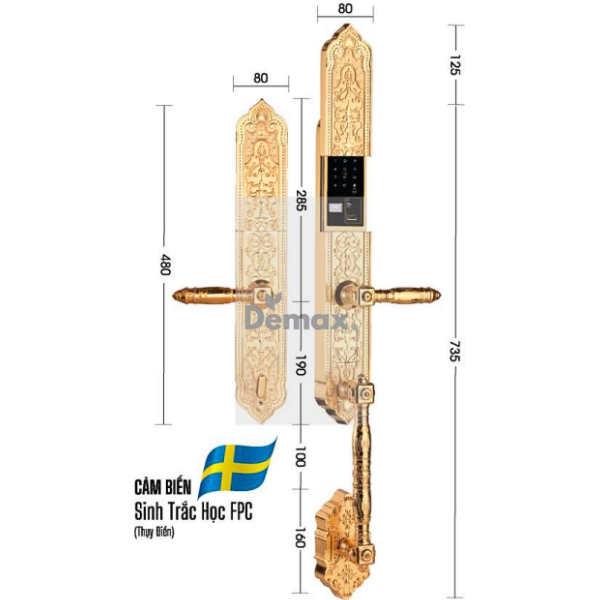 Khóa cửa đại sảnh biệt thự EL888 24K BRASS - Khóa điện tử Demax