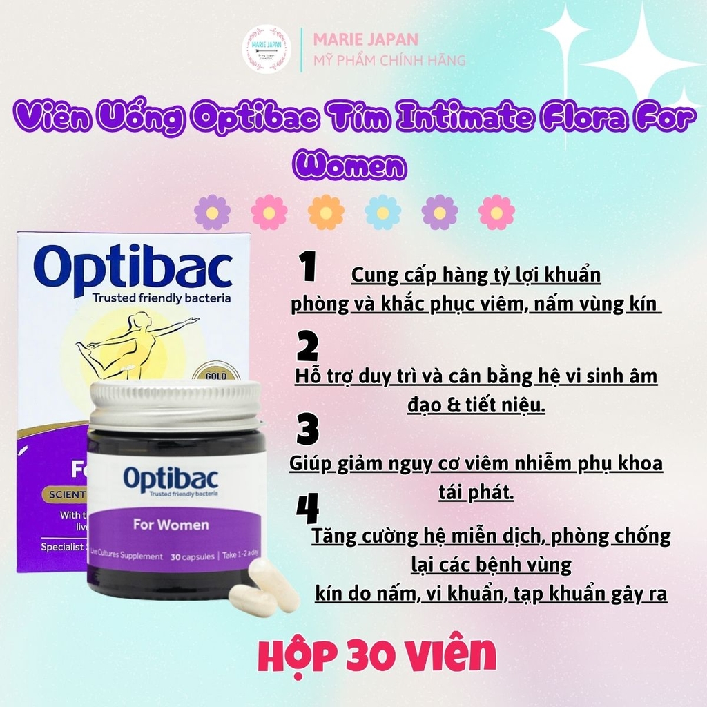 Viên Uống Optibac Tím Intimate Flora For Women Bổ Sung Lợi Khuẩn Hỗ Trợ Cân Bằng Vi Sinh Vùng Kín Phụ Nữ Hộp 30 Viên