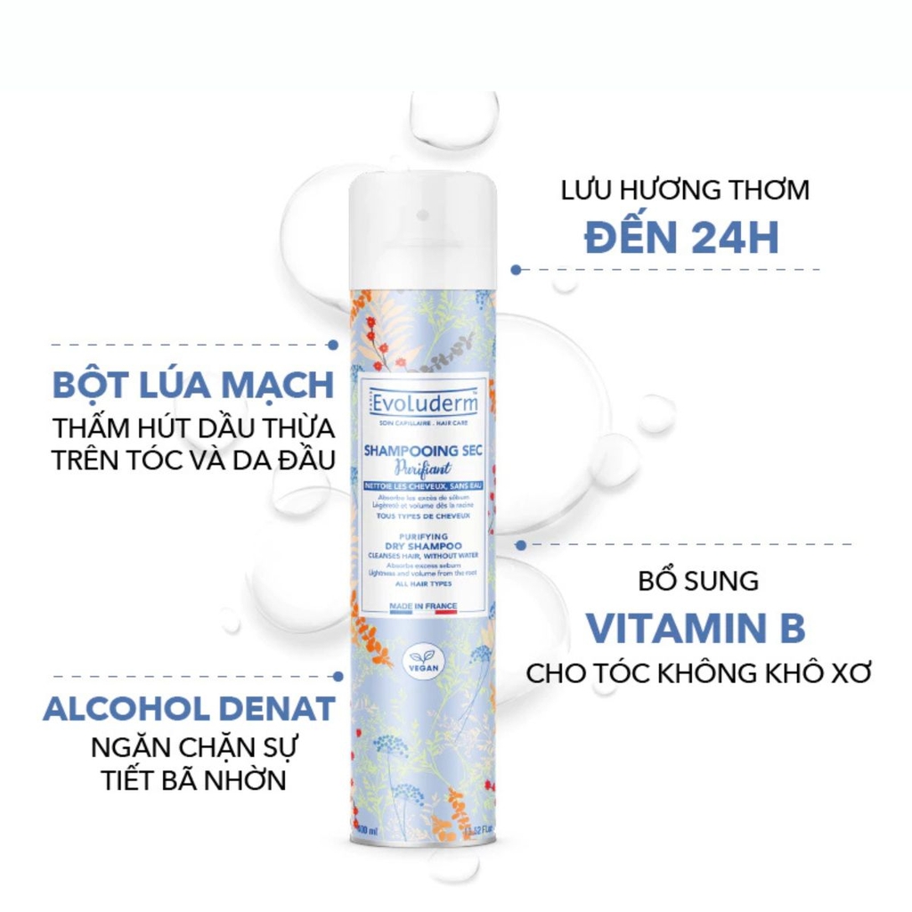 Dầu Gội Khô Evoluderm Sạch Nhanh Giảm Dầu Nhờn Cho Tóc Bồng Bềnh Shampooing Sec Purifying