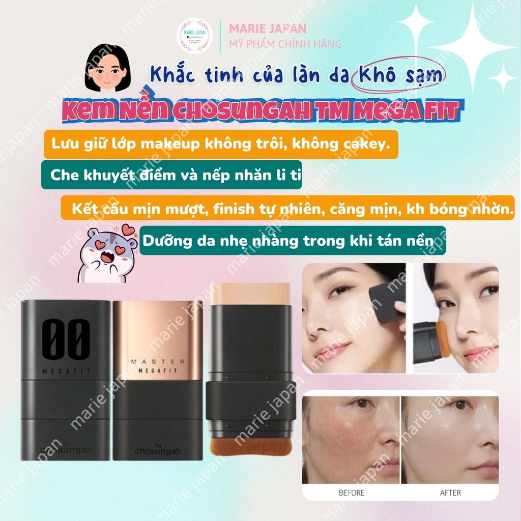 Kem Nền Chosungah TM Mega Fit Stick Foundation SPF50+ PA++++ Che Phủ Cao Dưỡng Ẩm Mịn Màng Hàn Quốc Thỏi 16g