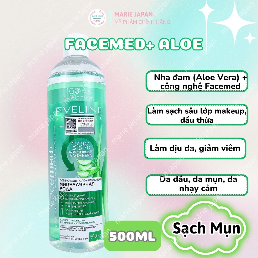 Nước Tẩy Trang Eveline Micellar Water Và Tinh Chất Rau Má Làm Dịu Dưỡng Ẩm Phục Hồi Da