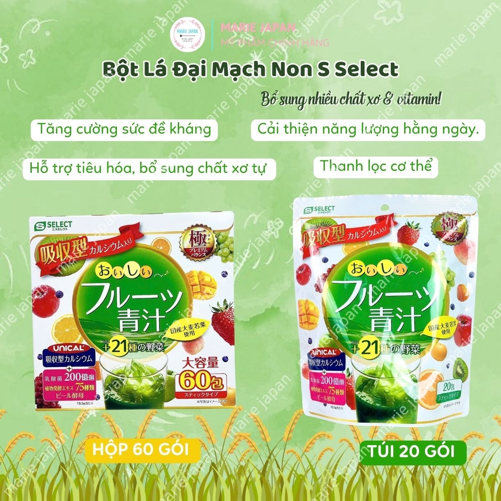 Bột Lá Đại Mạch Non Rau Xanh Và Trái Cây S SELECT Bổ Sung Canxi Chất Xơ Hòa Tan Nhật Bản