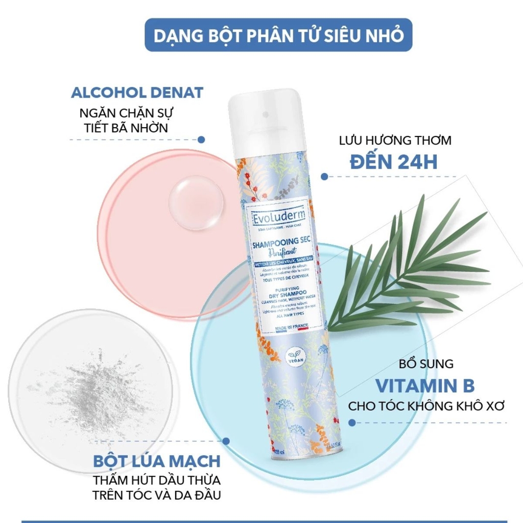 Dầu Gội Khô Evoluderm Sạch Nhanh Giảm Dầu Nhờn Cho Tóc Bồng Bềnh Shampooing Sec Purifying