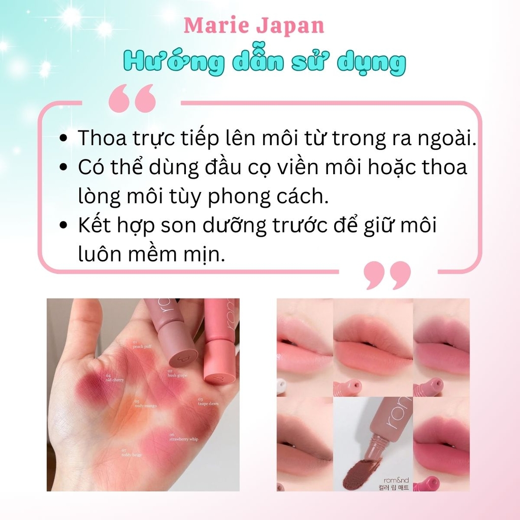 Son Kem Bùn Romand Color Lip Matte Dạng Tuýp Mịn Môi Lì Nhẹ Tự Nhiên Hàn Quốc 8g