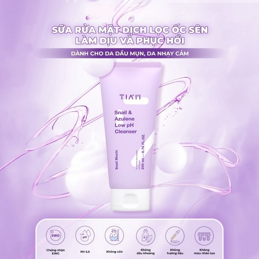 Sữa Rửa Mặt TIAM Snail & Azulene Low Ph Cleanser Dịch Lọc Ốc Sên Làm Dịu Phục Hồi Da Hàn Quốc 200ml - TẶNG KÈM SERUM PHỤC HỒI DA TIAM CAO CẤP 30ML