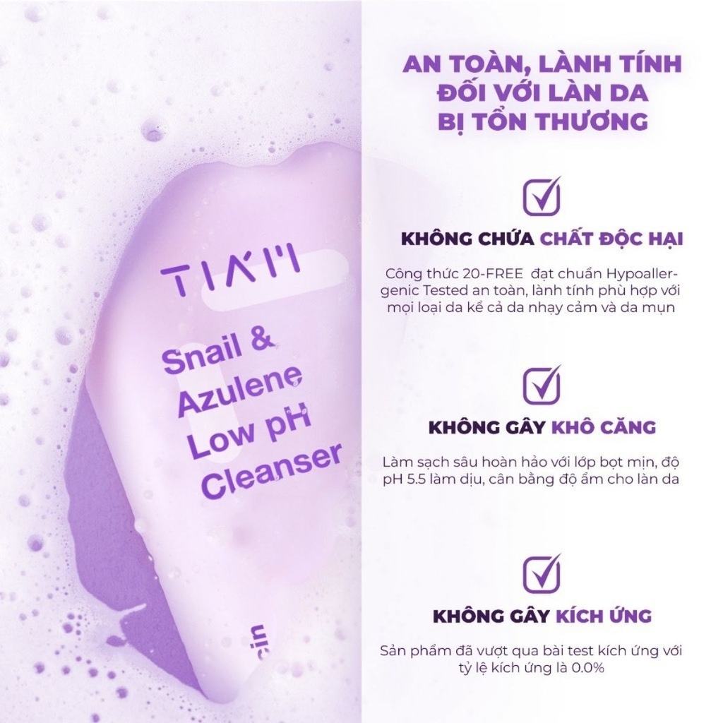 Sữa Rửa Mặt TIAM Snail & Azulene Low Ph Cleanser Dịch Lọc Ốc Sên Làm Dịu Phục Hồi Da Hàn Quốc 200ml - TẶNG KÈM SERUM PHỤC HỒI DA TIAM CAO CẤP 30ML