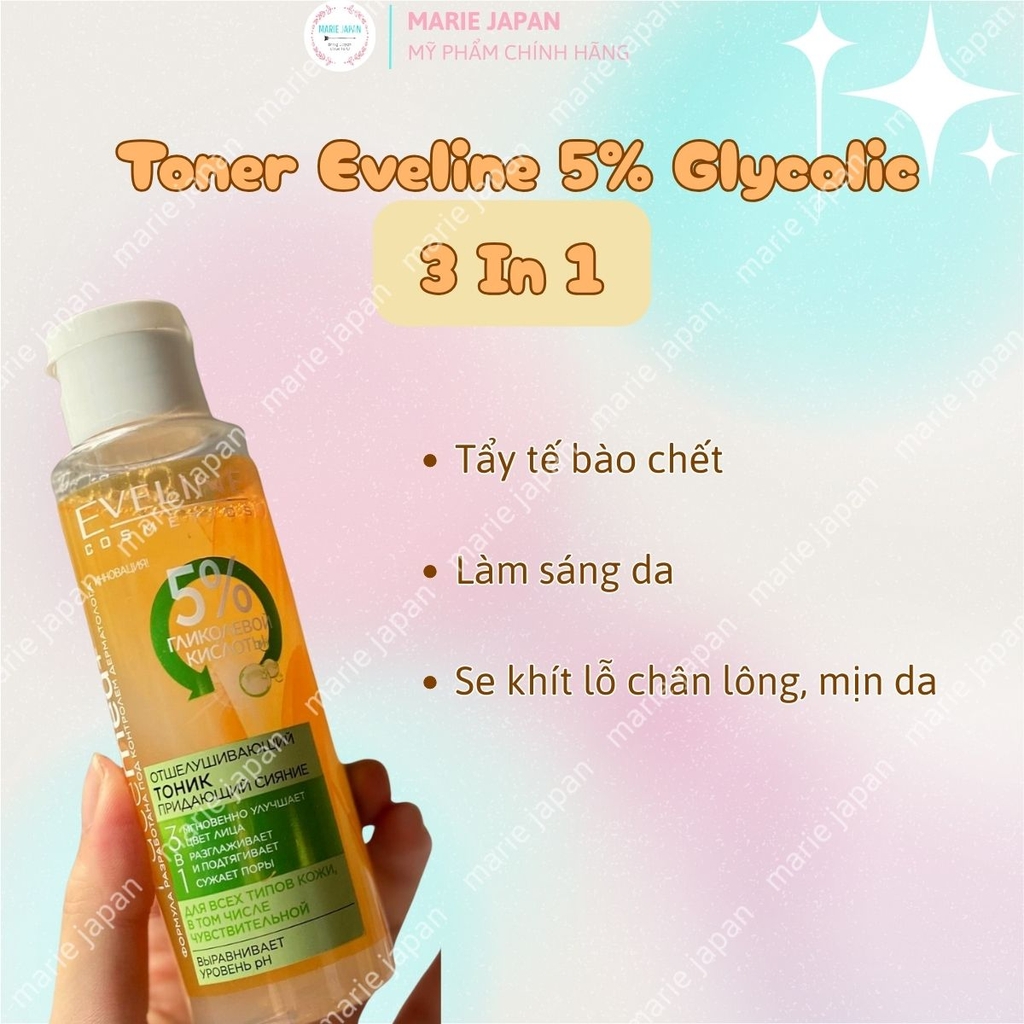 Toner Eveline 5% Glycolic Acid 3 In 1 Căng Bóng Sáng Da Mờ Thâm Sạm Ba Lan Chai 110ml
