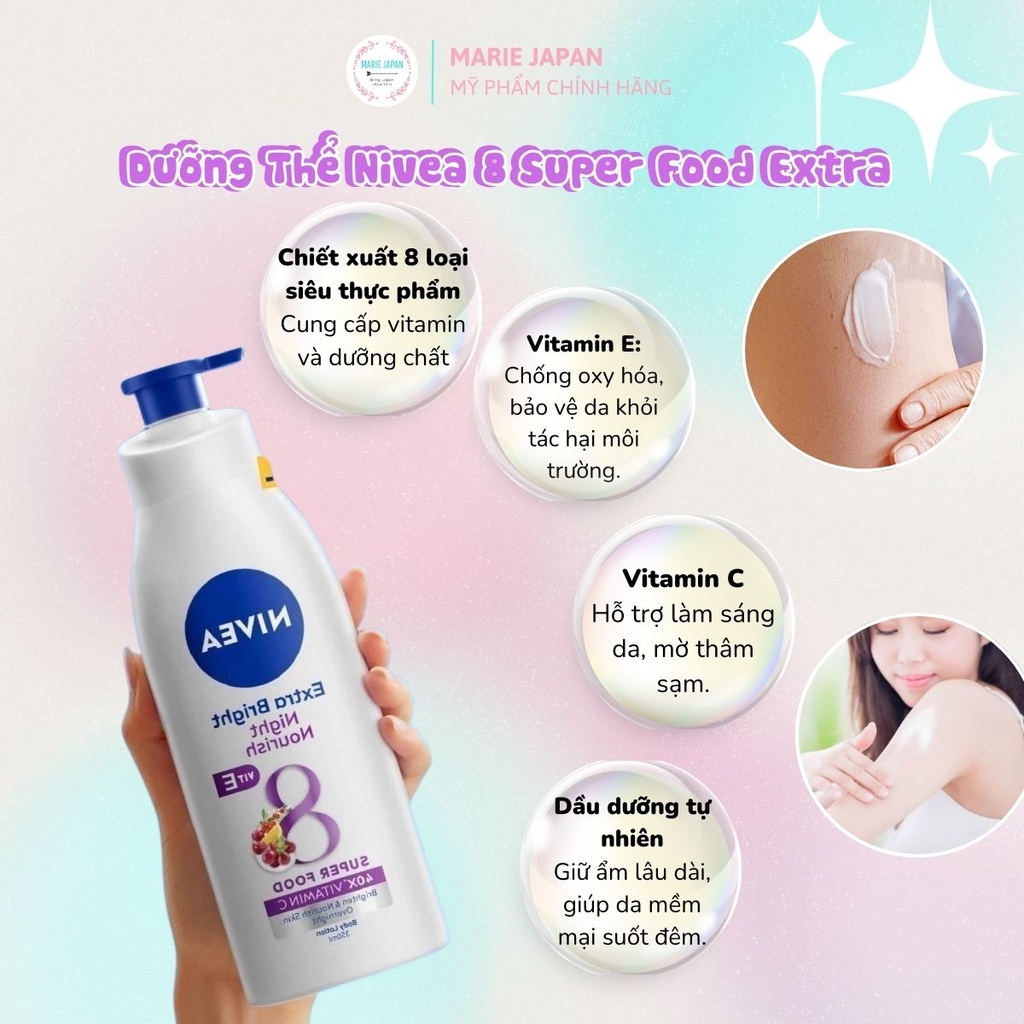 Dưỡng Thể Nivea 8 Siêu Dưỡng Trắng Mềm Mịn Da Extra Bright 40X Vitamin C