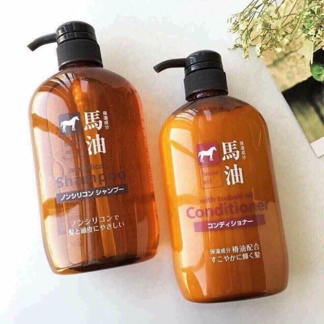 Set Gội Xả Mỡ Ngựa Horse Oil Không Silicon Mềm Mượt Nhật 600ml