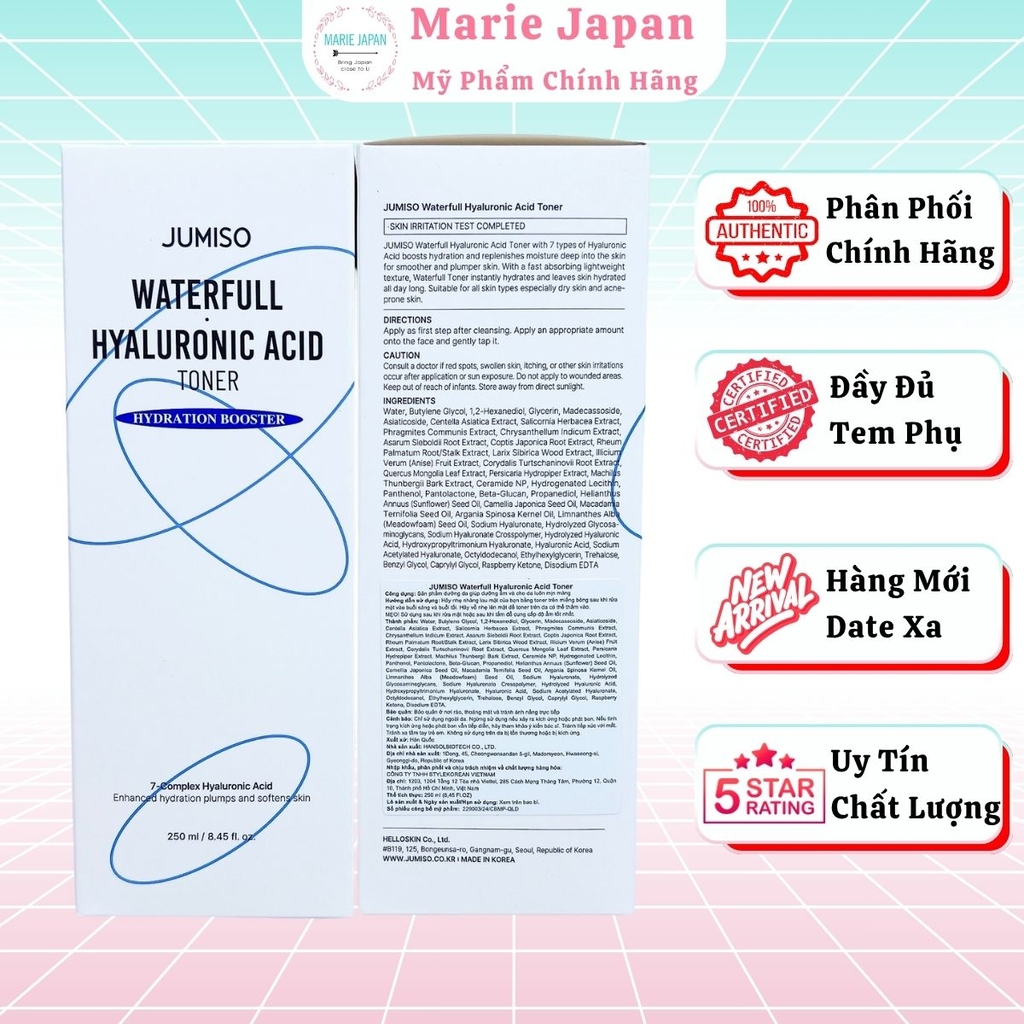 Nước Hoa Hồng Jumiso Dưỡng Ẩm Sâu Dịu Nhẹ Căng Bóng Mềm Mại Da Waterfull Hyaluronic Acid Hàn Quốc 250ml