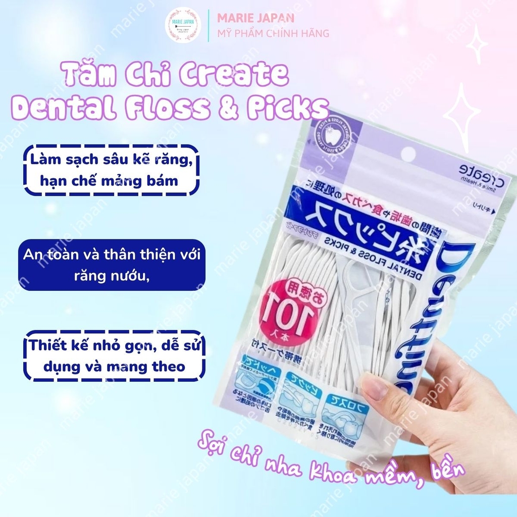 Tăm Chỉ Create Dental Floss & Picks Sạch Kẽ Răng Nhẹ Nhàng An Toàn Nhật Bản Túi 101 Cây