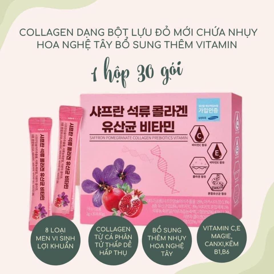 Bột Uống Collagen Lựu Đỏ Nhuỵ Hoa Nghệ Tây Làm Đẹp Da Chống Lão Hóa Hộp 30 Gói