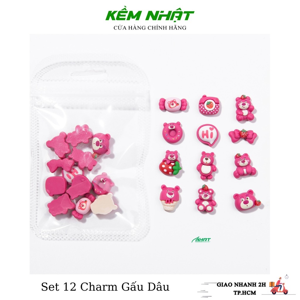 Set 12 Charm Gấu Dâu Đính Móng