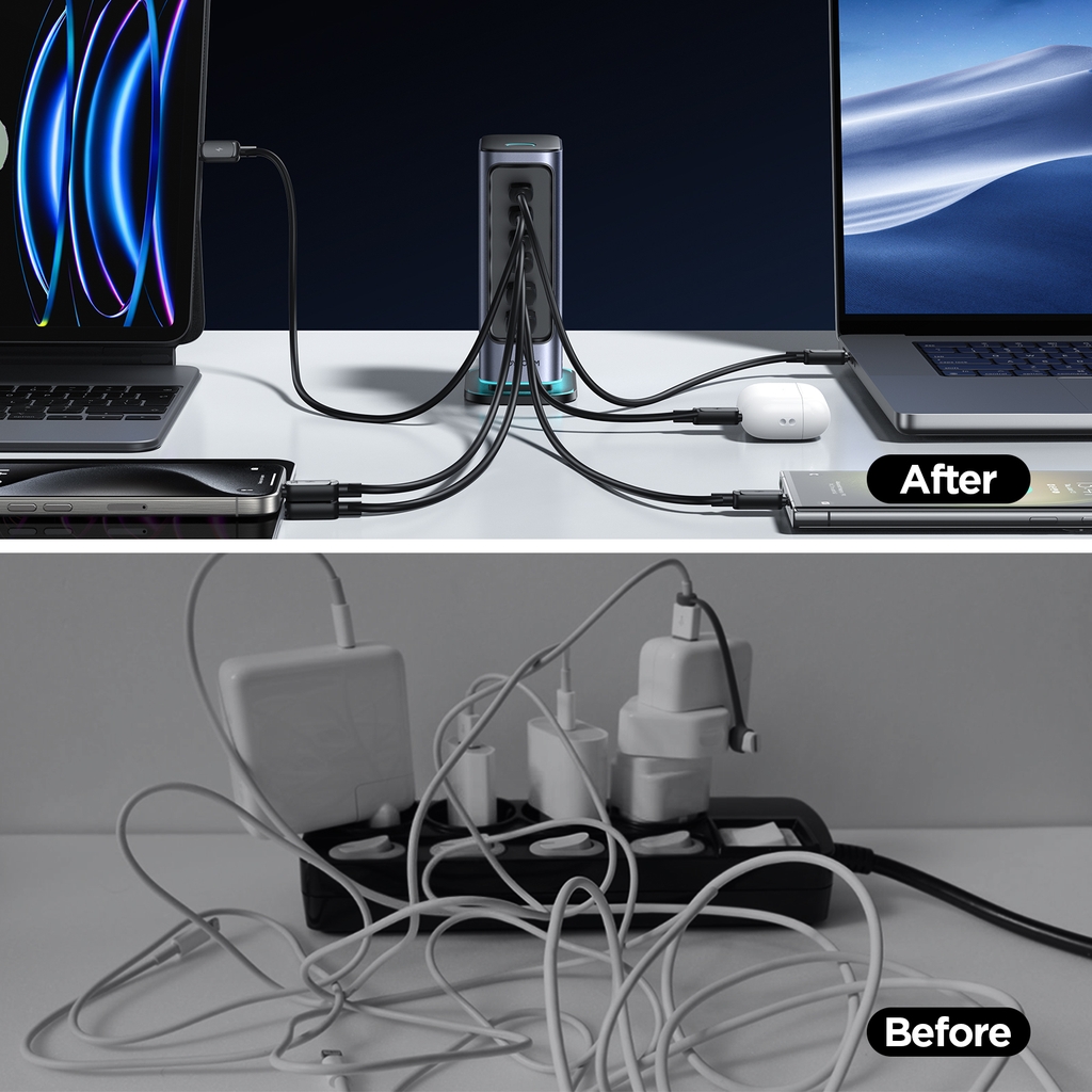 Cóc sạc 65W Joyroom 6 in 1 (4*C+2*USB) TCM02 sạc Laptop và điện thoại tích hợp đèn led rgb độc đáo