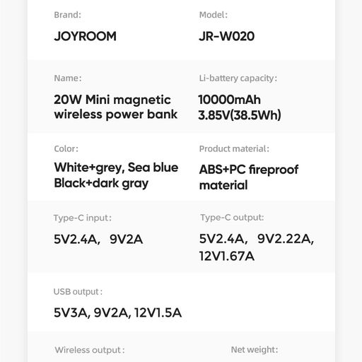 Sạc dự phòng iPhone Joyroom W020 công suất 20W-10000mAh nam châm magsafe với nhiều màu sắc tặng kèm cáp sạc