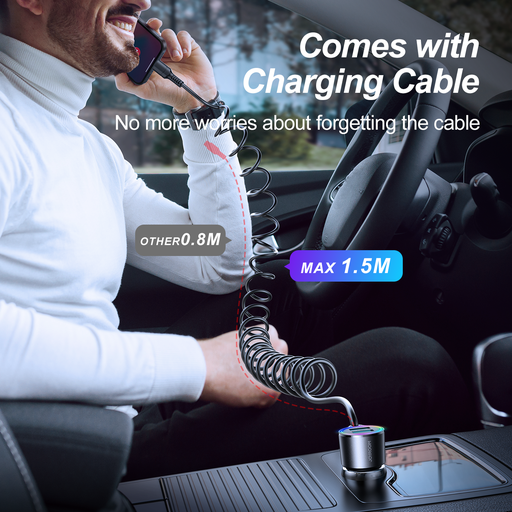 Tẩu sạc nhanh Joyroom CL24 3.4A có RGB 3 in 1 với 2 cổng USB + 1Type C nối dài Car Charger with Coiled