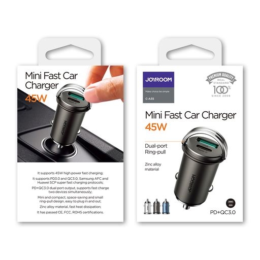 Tẩu sạc nhanh Joyroom A35 45W Mini 2 cổng sạc ring-pull fast car charger
