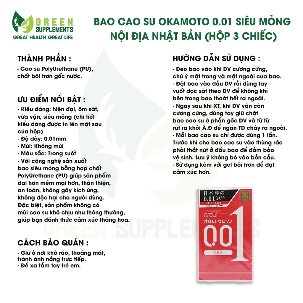 Bao Cao Su Okamoto 0.01 Siêu Mỏng Nội Địa Nhật Bản (hộp 3 chiếc)
