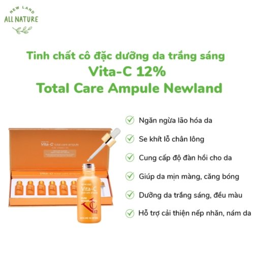 Tinh chất Vitamin C hỗ trợ dưỡng sáng, mờ thâm Newland Vita-C Total Care Ampule (6 lọ)