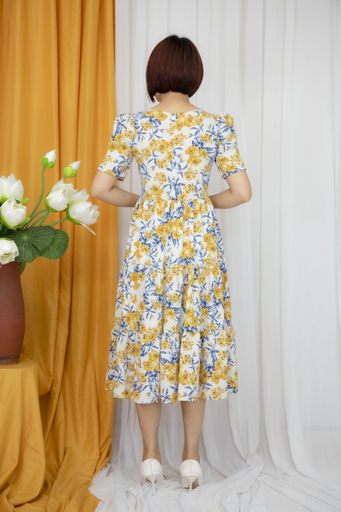 Váy xoè cổ tròn tay búp vải Lụa Hàn Châu