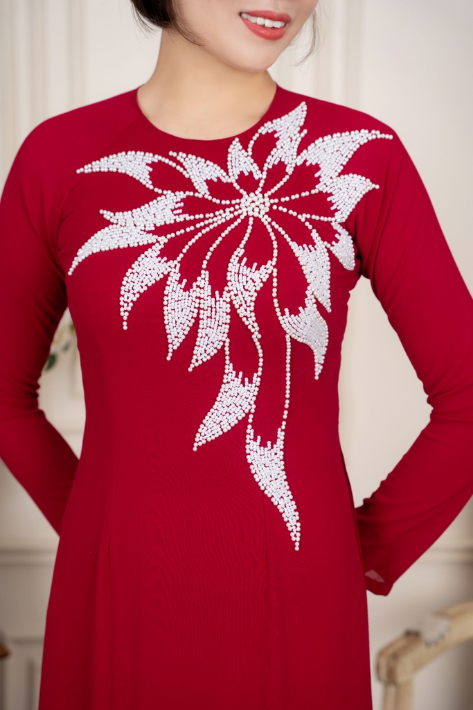 Áo dài kết hoa hạt trai cổ tròn vải Chifon