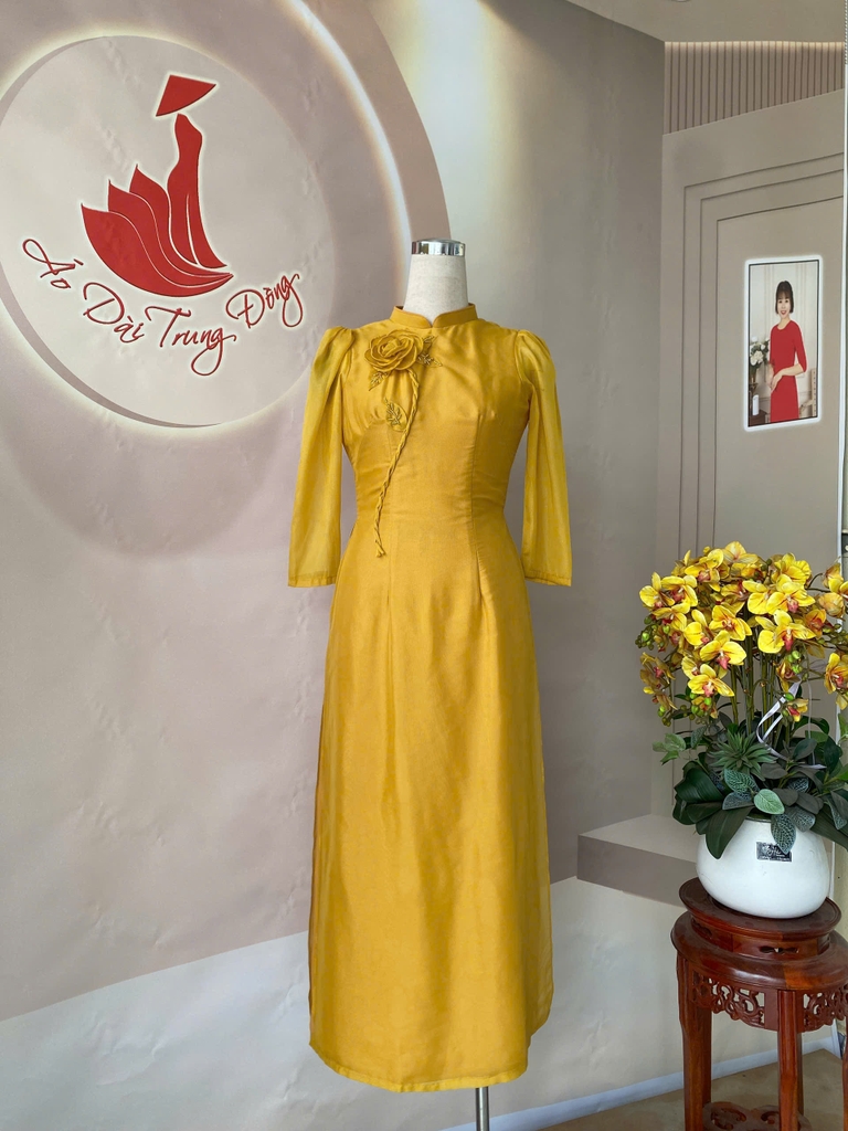 Set Áo dài cách tân tơ óng kết 1 bông hoa/ Áo dài Trung Đồng