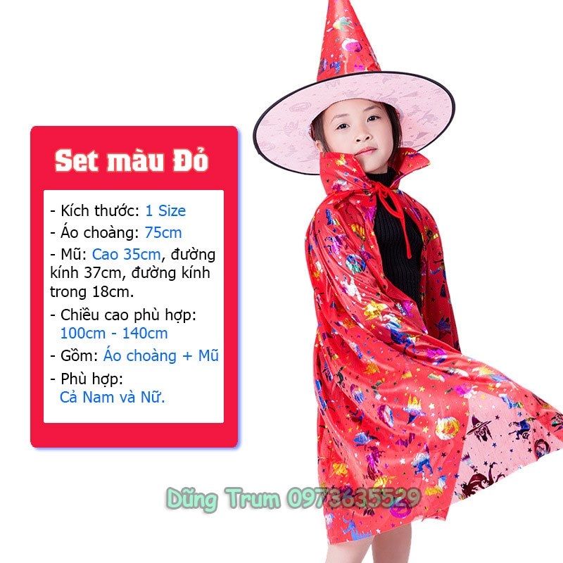 Áo choàng phù thủy Halloween kèm mũ cho bé trai, bé gái hóa trang Halloween