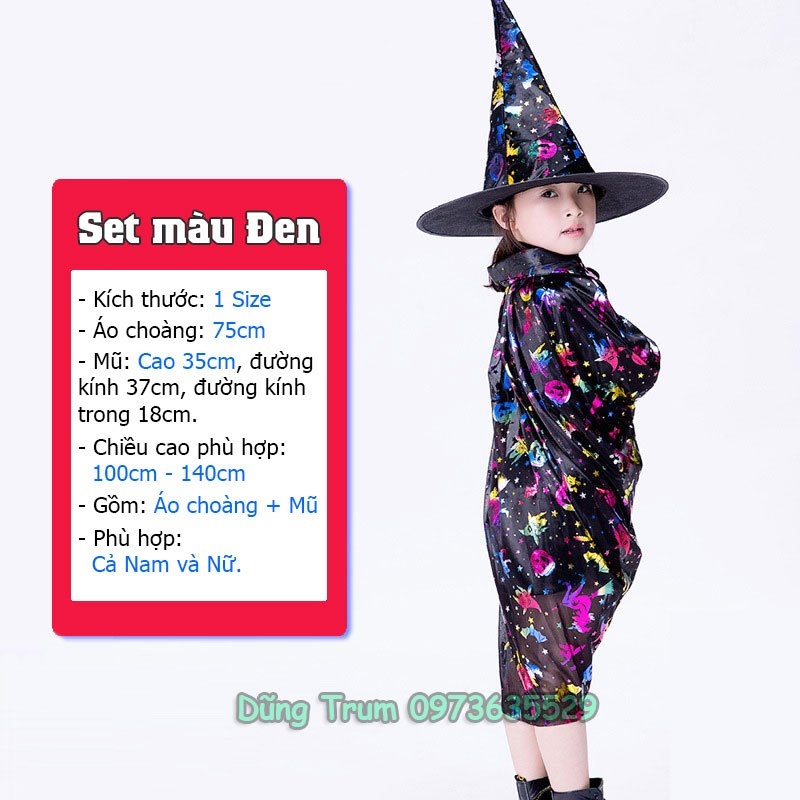 Áo choàng phù thủy Halloween kèm mũ cho bé trai, bé gái hóa trang Halloween