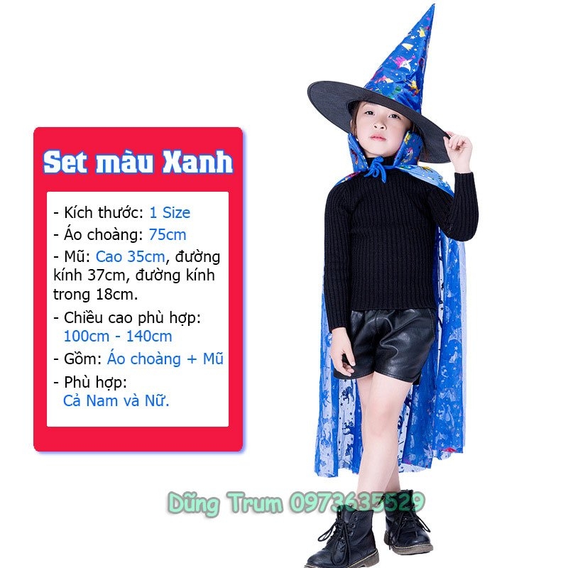 Áo choàng phù thủy Halloween kèm mũ cho bé trai, bé gái hóa trang Halloween