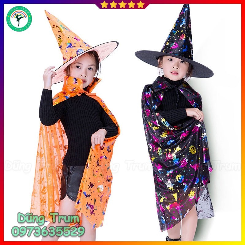 Áo choàng phù thủy Halloween kèm mũ cho bé trai, bé gái hóa trang Halloween