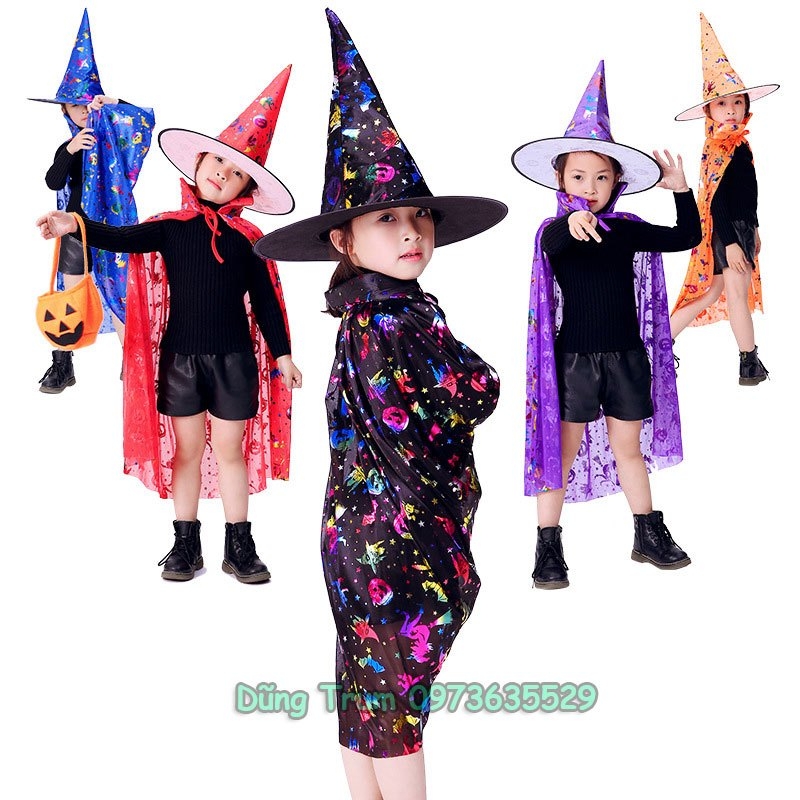 Áo choàng phù thủy Halloween kèm mũ cho bé trai, bé gái hóa trang Halloween