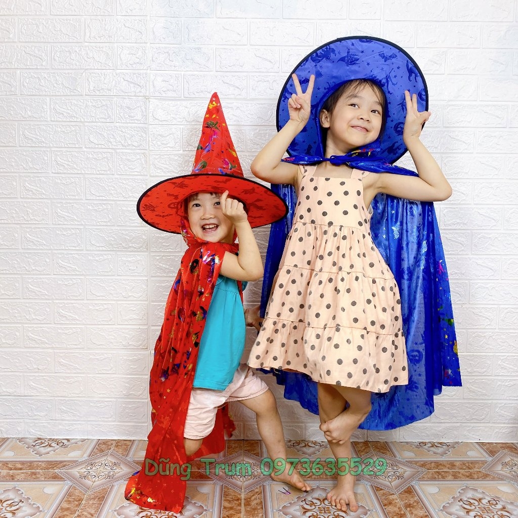 Áo choàng phù thủy Halloween kèm mũ cho bé trai, bé gái hóa trang Halloween
