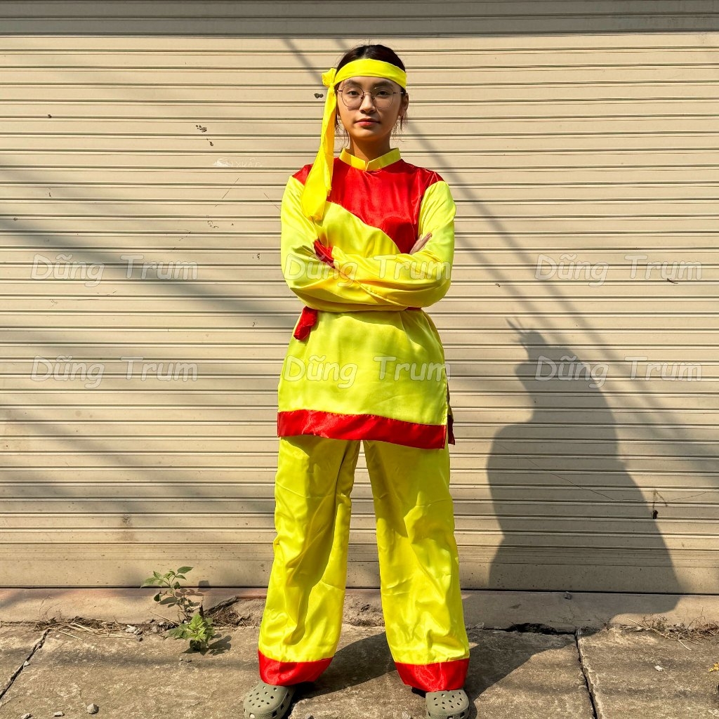 Trang phục trống hội chất vải satanh thoáng mát form rộng thoải mái, bộ trống hội rước kiệu