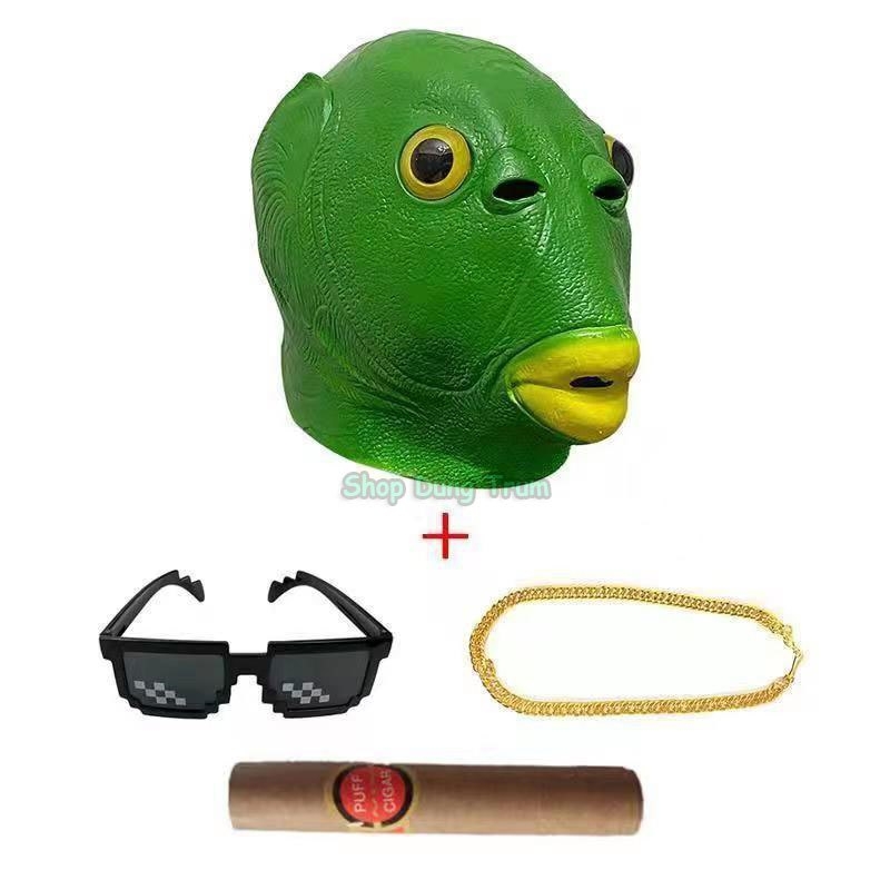 Mặt nạ đầu cá xanh lá đội đầu hài hước troll đủ màu, mặt nạ xanh cá chép bằng silicon hoá trang Hallowen