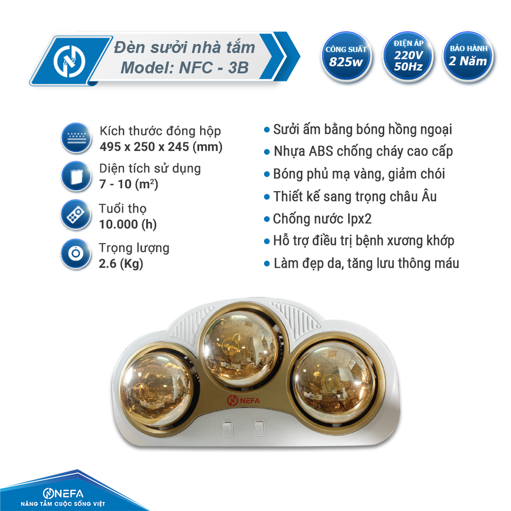 Đèn sưởi nhà tắm 3 bóng cong Nefa NFC - 3B (Công suất 825w)