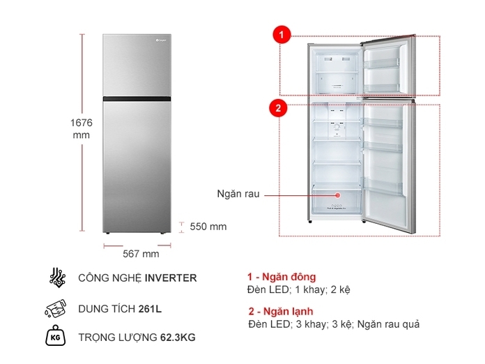 Tủ lạnh Casper Inverter 261 lít RT-275VG