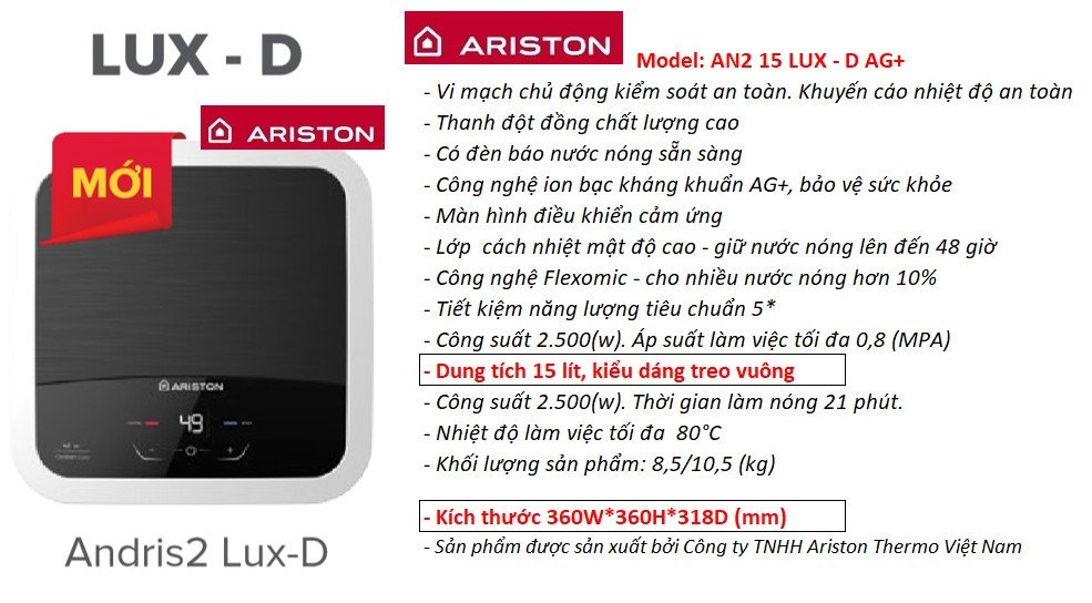 Bình nóng lạnh Ariston 15 lít vuông AN2 15 LUX-D AG+