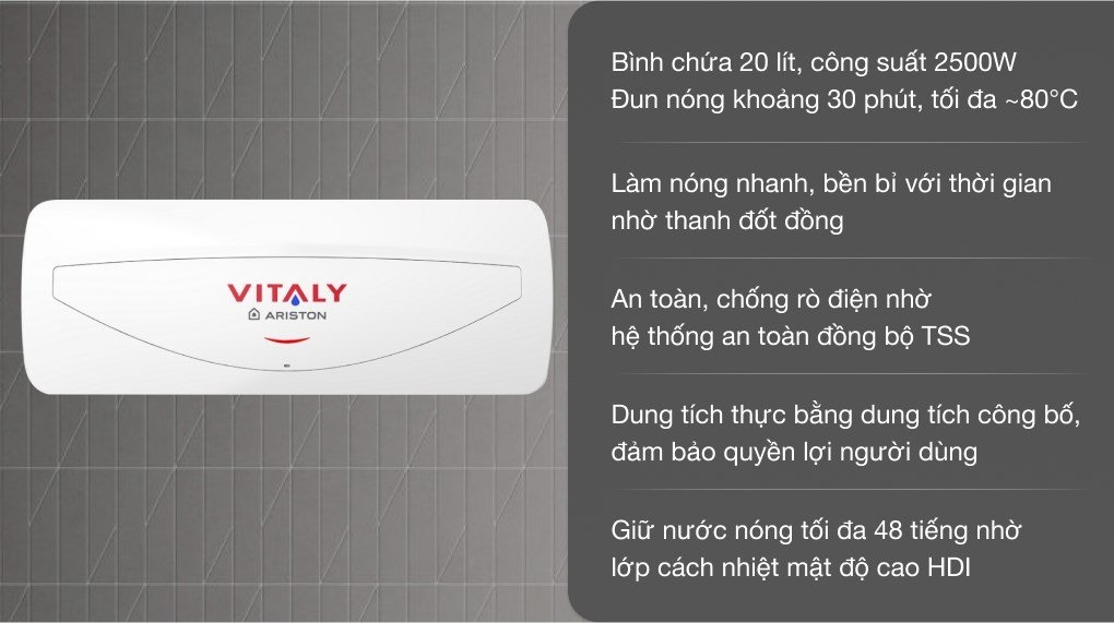 Bình nóng lạnh Ariston 20 lít ngang  VITALY 20 SLIM