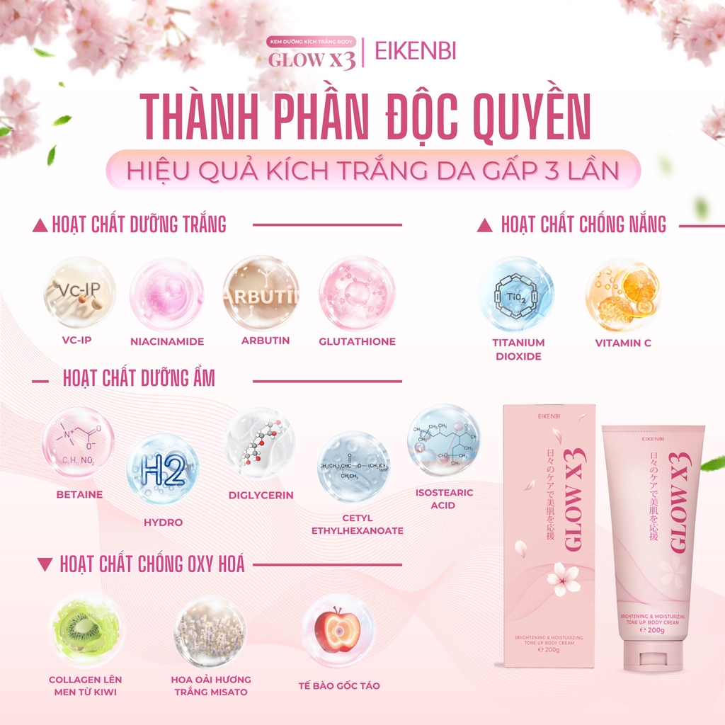Kem Kích Trắng Body Nâng Tone Glow X3 Eikenbi 200gr